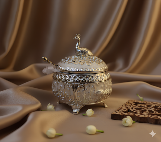 Silver Plated Mishri & Elaichi Box with Peacock