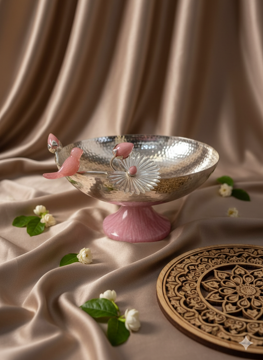Silver Plated Urli with Rose Quartz Work